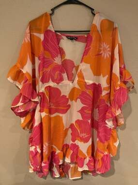 Club Z Collection Floral Ruffle Sleeve V-Neck Coverup Top